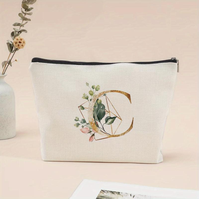 Flower Letter Print Cosmetic Bag Portable Travel Storage Zipper Coin Purse Pouch