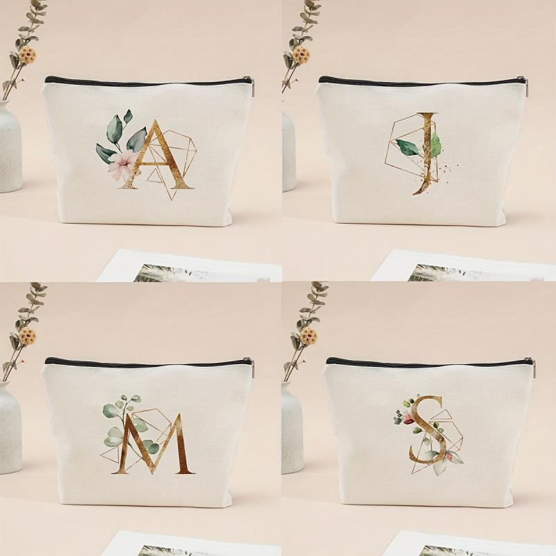 Flower Letter Print Cosmetic Bag Portable Travel Storage Zipper Coin Purse Pouch