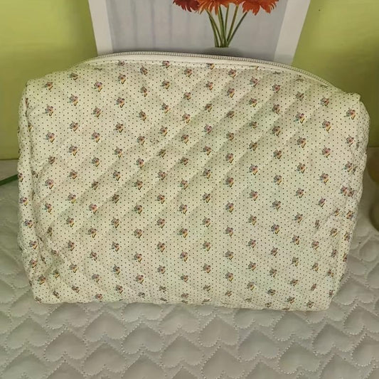 Floral Print Quilted Cosmetic Bag Storage Clutch Organizer Pouch