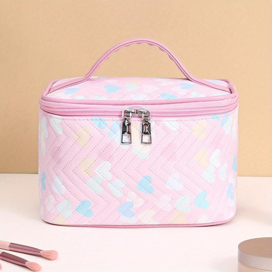 Quilted Love Pattern Makeup Handbag Lightweight Travel Toiletry Wash Bag