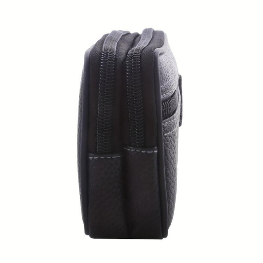 Men's Zipper Leather Waist Bag Mobile Phone Bag Double Layer Soft Leather