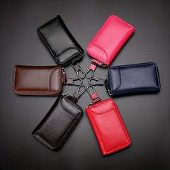 Leather Car Key Case Holder with Metal Hook and Keyring Zipper Bag