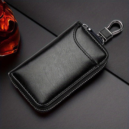 Leather Car Key Case Holder with Metal Hook and Keyring Zipper Bag