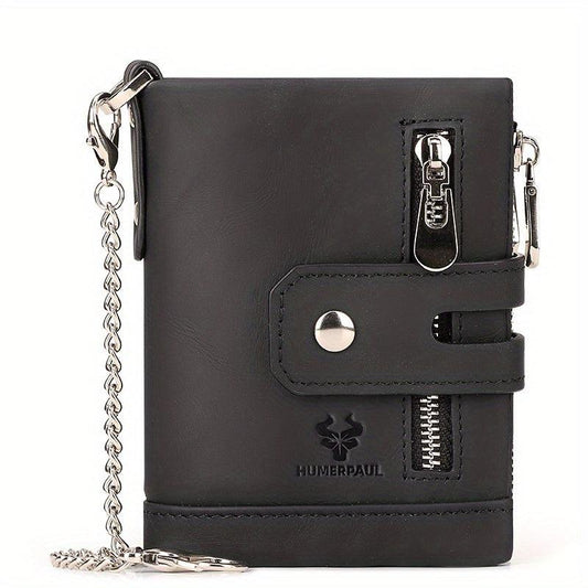 Cowhide Leather Men's Wallet Coin Purse RFID Small Card Holder Chain Hasp