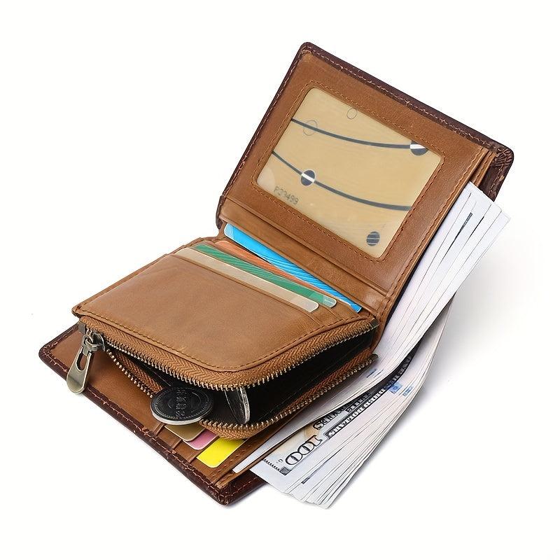 Men's Leather Short Wallet RFID Blocking Zipper Card Holder