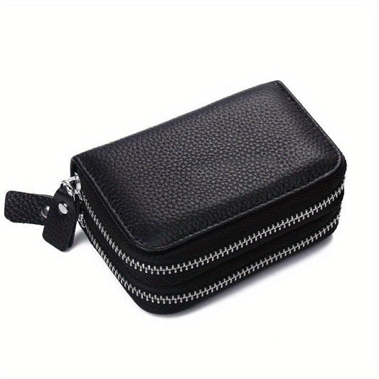 RFID Blocking Double Zipper Leather Card Holder Wallet