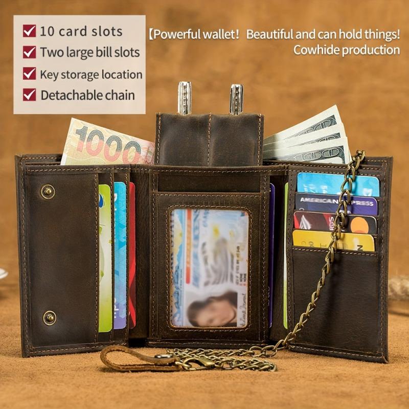 Men's Leather RFID Wallet Chain Trifold Wallet Large Capacity Card Holder