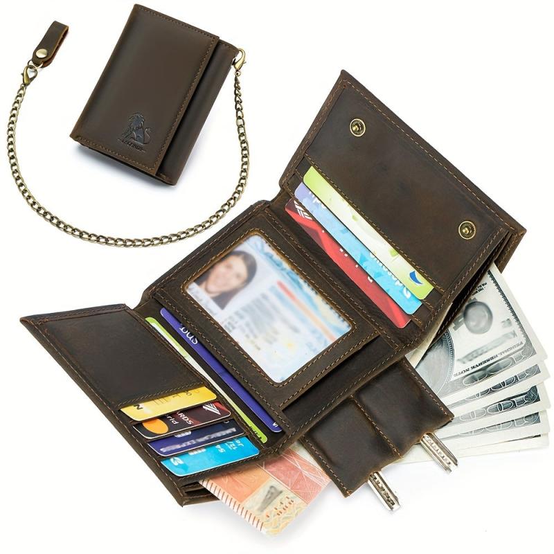 Men's Leather RFID Wallet Chain Trifold Wallet Large Capacity Card Holder