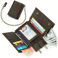 Men's Leather RFID Wallet Chain Trifold Wallet Large Capacity Card Holder