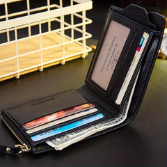 Men's Short Zip Leather Wallet with Money Clip