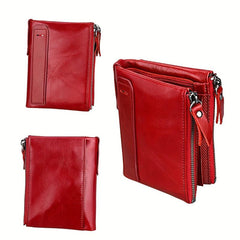 Men's RFID Blocking Leather Short Wallet with Zipper and Snap Button