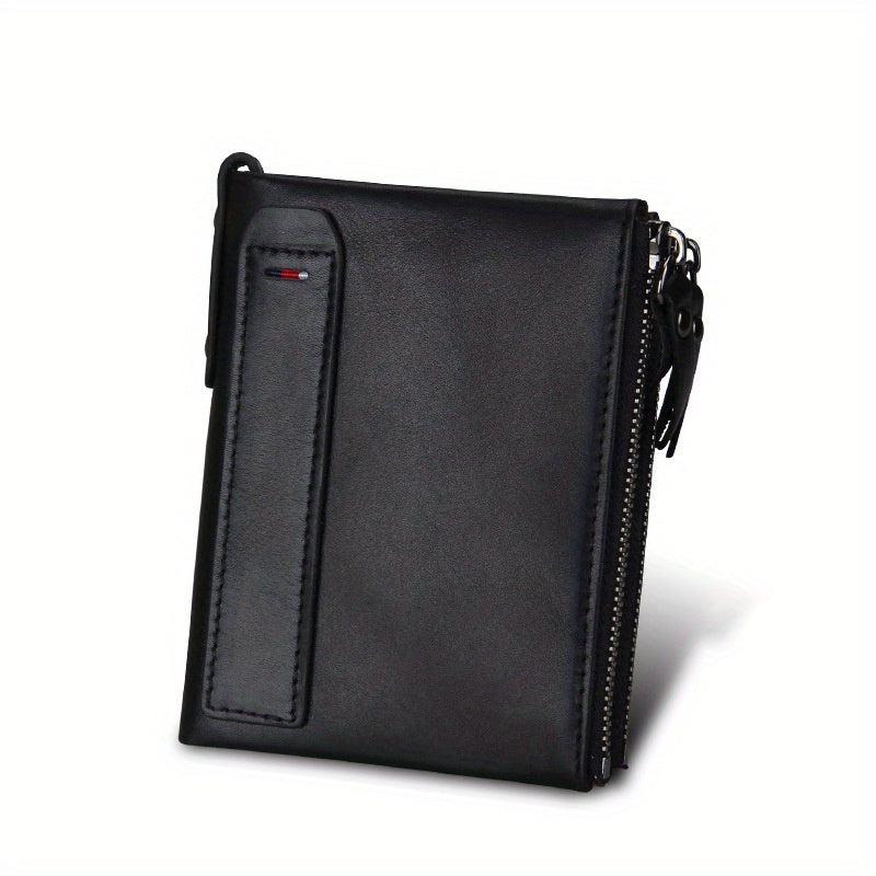 Men's RFID Blocking Leather Short Wallet with Zipper and Snap Button