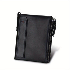 Men's RFID Blocking Leather Short Wallet with Zipper and Snap Button
