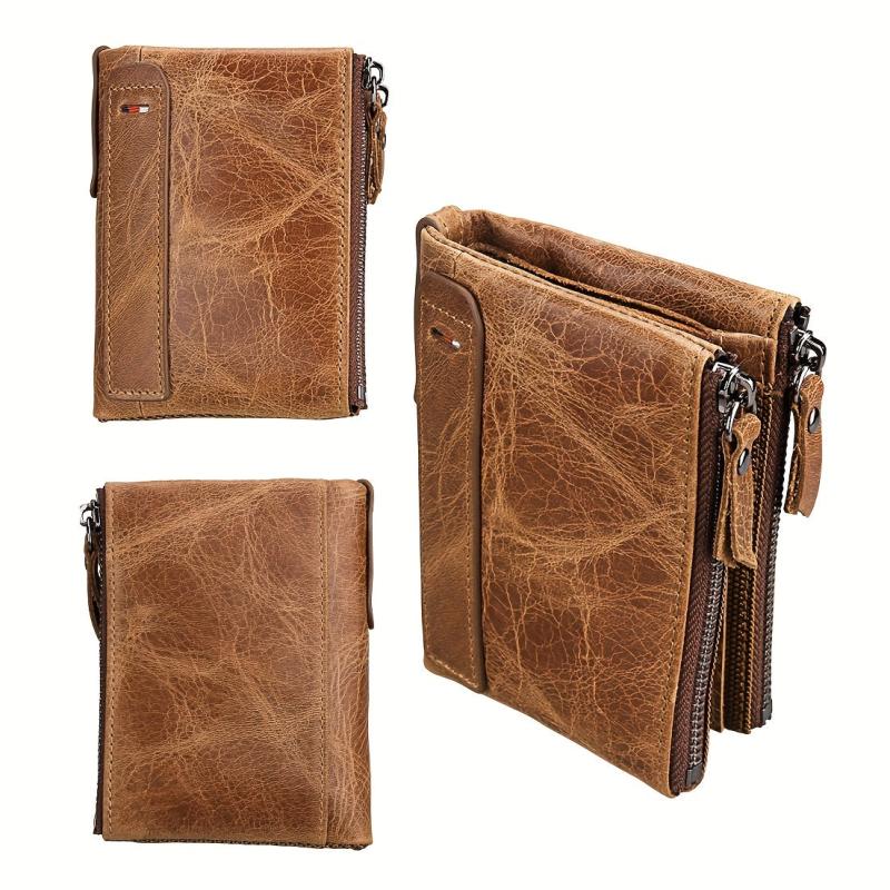 Men's RFID Blocking Leather Short Wallet with Zipper and Snap Button