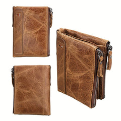 Men's RFID Blocking Leather Short Wallet with Zipper and Snap Button