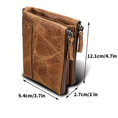 Men's RFID Blocking Leather Short Wallet with Zipper and Snap Button
