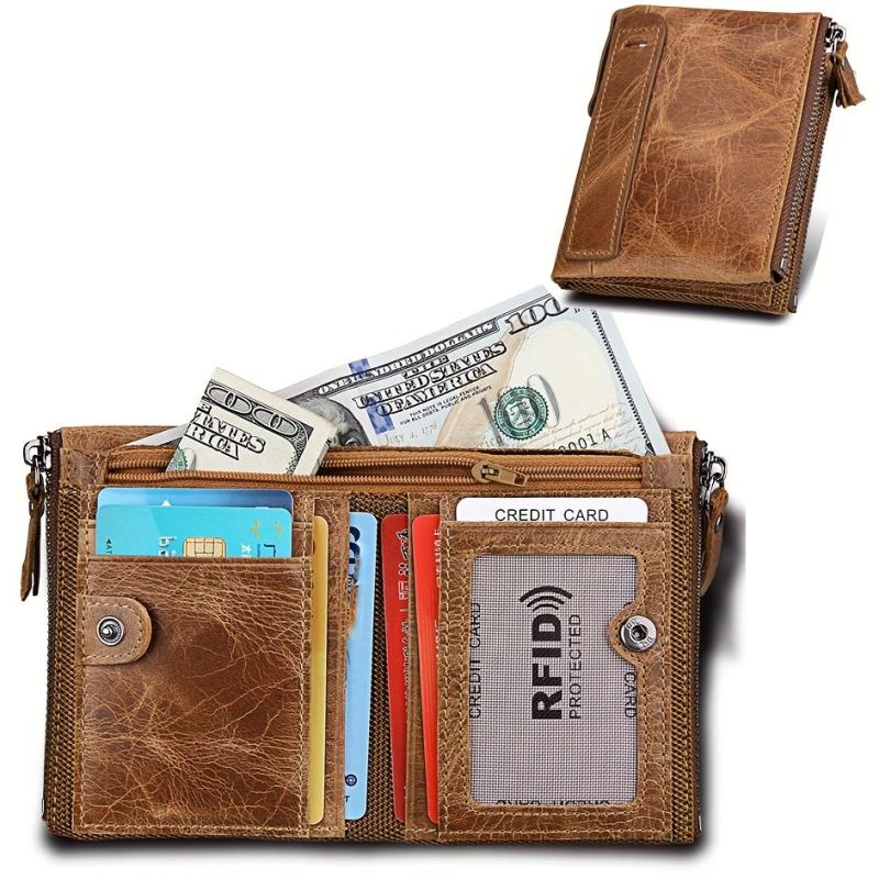 Men's RFID Blocking Leather Short Wallet with Zipper and Snap Button