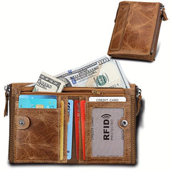 Men's RFID Blocking Leather Short Wallet with Zipper and Snap Button