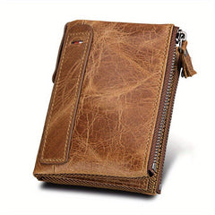 Men's RFID Blocking Leather Short Wallet with Zipper and Snap Button