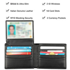 RFID Blocking Leather Bifold Wallet for Men with 2 ID Windows