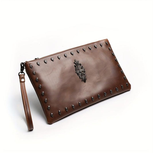 Vintage Leather Clutch Bag with Rivet Decor