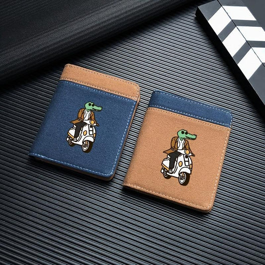 Men's Canvas Block Tri fold Leather Money Clip Crocodile Pattern Wallet