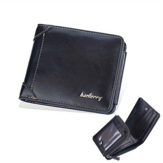 Men's Casual PU Leather Short Wallet with Card Slots and Zipper Coin Purse