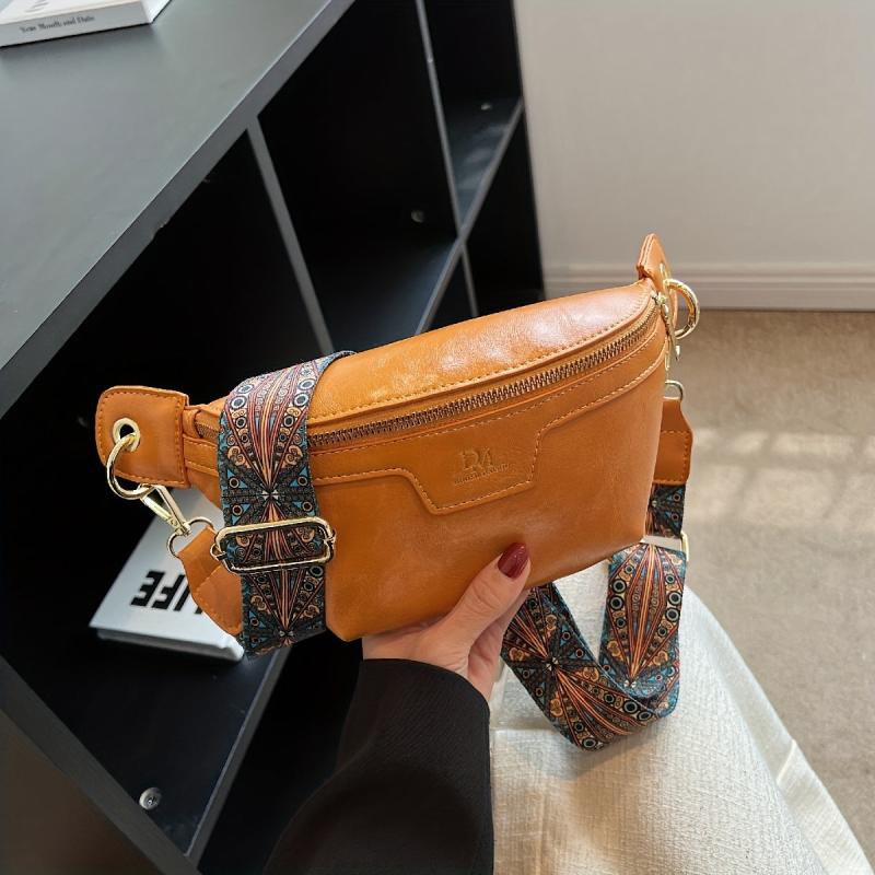 Vintage Waist Pack Ethnic Style Crossbody Bag PU Leather Zipper Chest Purse