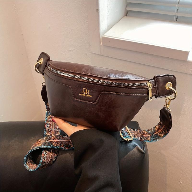 Vintage Waist Pack Ethnic Style Crossbody Bag PU Leather Zipper Chest Purse