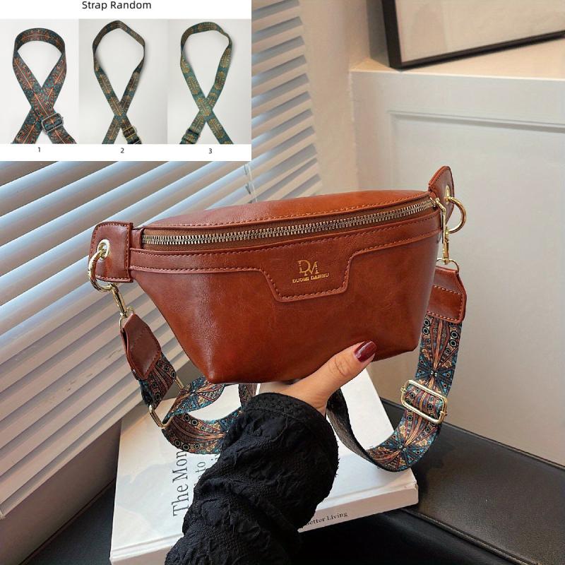 Vintage Waist Pack Ethnic Style Crossbody Bag PU Leather Zipper Chest Purse