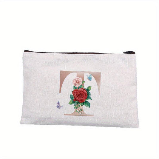 Rose Letter Printed Cosmetic Bag Canvas Makeup Pouch Lightweight