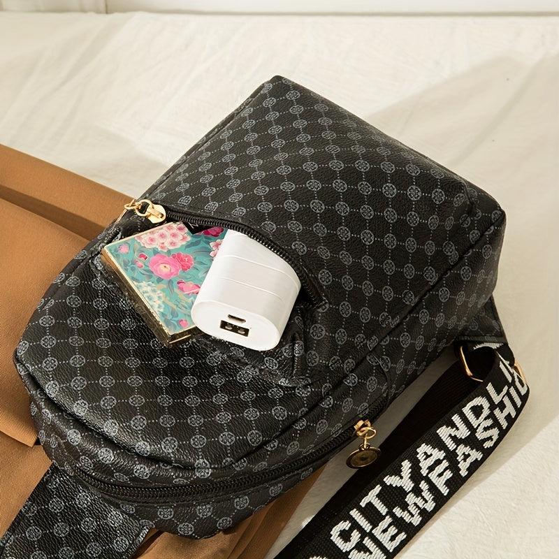 Geometric Pattern Sling Bag with Letter Strap Crossbody Chest Purse