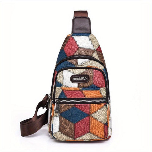 Embossed Colorblock Sling Bag Vintage Stitching Chest Purse Zipper Front