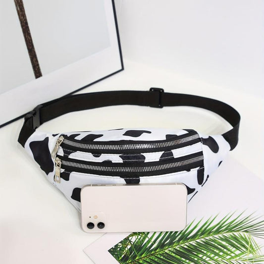 Cow Print Waist Bag Double Zipper Front Chest Bag Canvas Fanny Pack