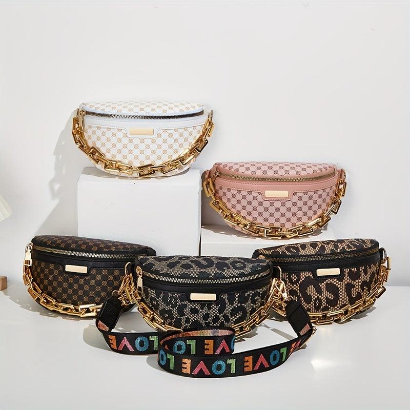 Geo Print Fanny Pack Chain Chest Purse Crossbody Bag