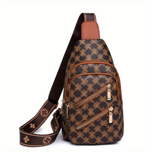 Plaid Pattern Sling Bag Zipper Front Chest Purse