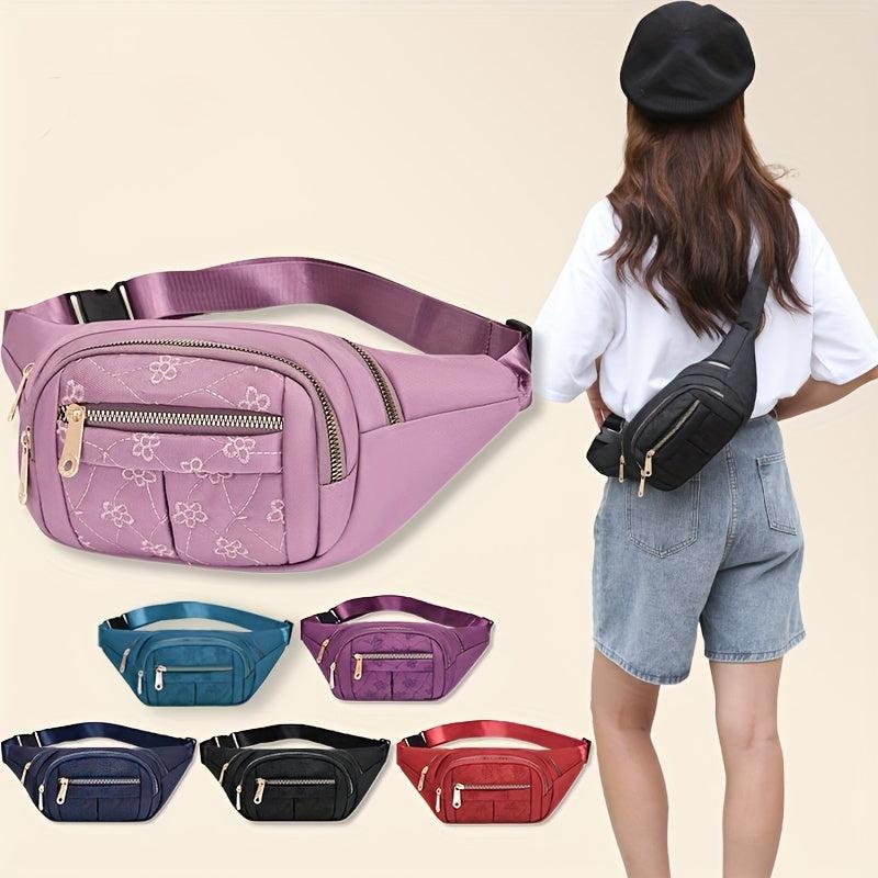 Floral Embroidered Waist Bag Zipper Travel Sports Chest Bag