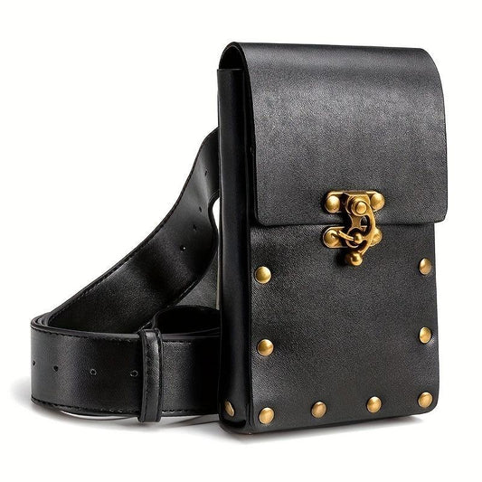 Solid Rivet Decor Waist Bag PU Leather Flap Square Bag Adjustable Strap