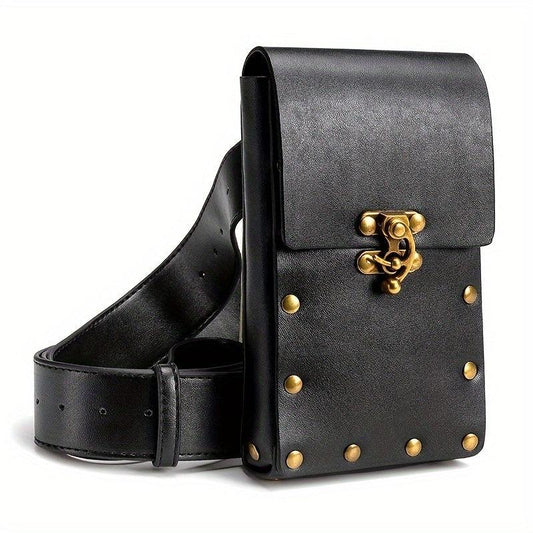Solid Rivet Decor Waist Bag PU Leather Flap Square Bag Adjustable Strap