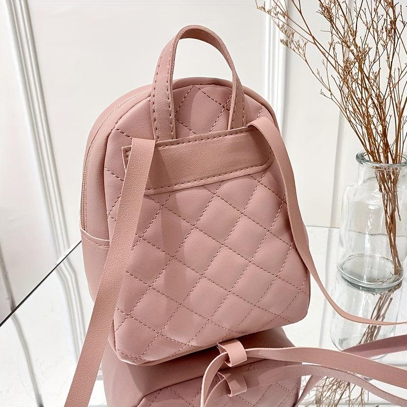 Small Women's Rhombic Pattern Backpack Adjustable Strap Pink Bag