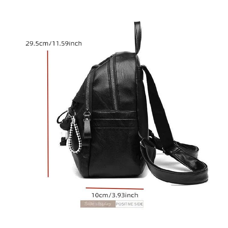 Bear Pendant Backpack Solid PU Leather Large Capacity Travel Bag