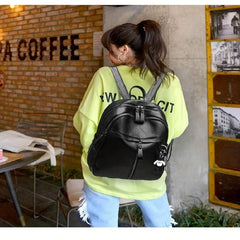 Bear Pendant Backpack Solid PU Leather Large Capacity Travel Bag