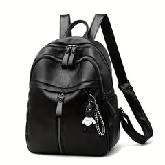 Bear Pendant Backpack Solid PU Leather Large Capacity Travel Bag