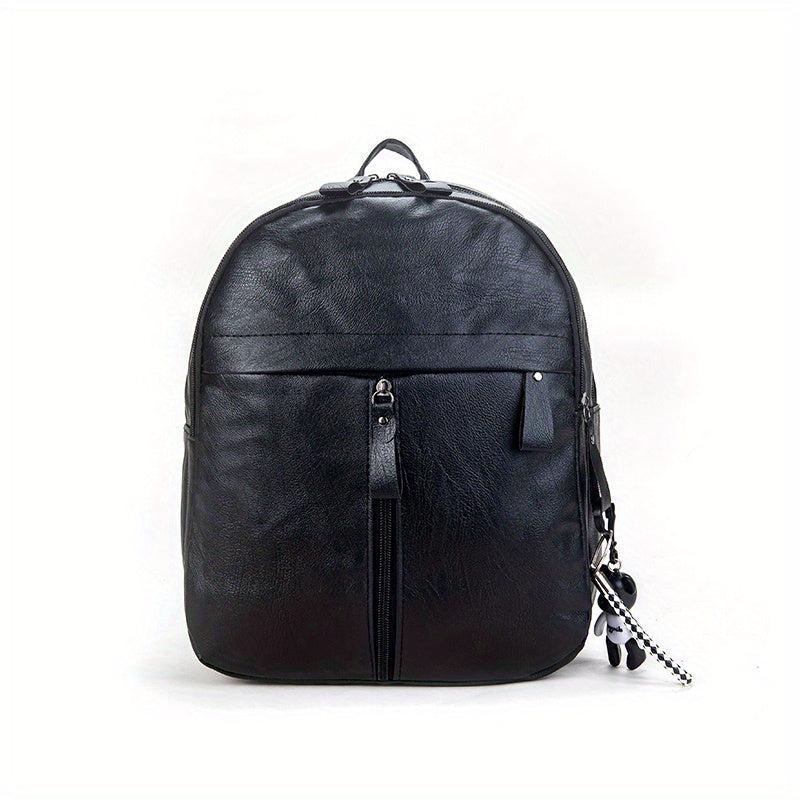 Bear Pendant Backpack Solid PU Leather Large Capacity Travel Bag