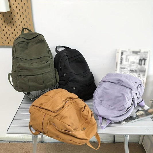 Classic Solid Canvas Backpack Casual Student Bag With Large Capacity
