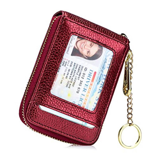 RFID Blocking Card Holder Case Leather Zipper Wallet w/ Keychain & ID Window