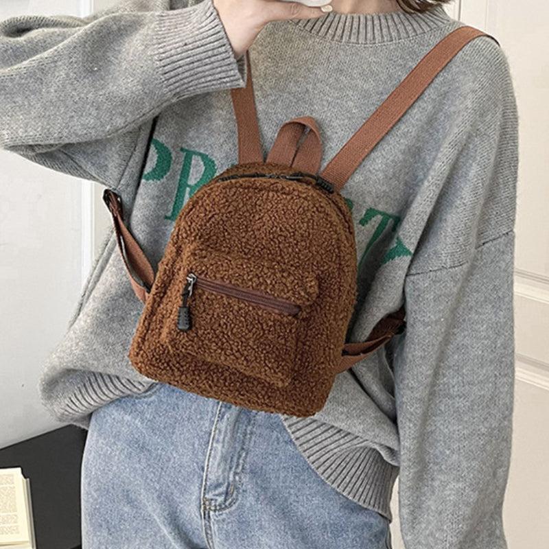 Comfortable Plush Small Brown Backpack for Women