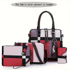 PU Handbag Grid Contrast Bag 4 Pcs Casual Shoulder Messenger Bag
