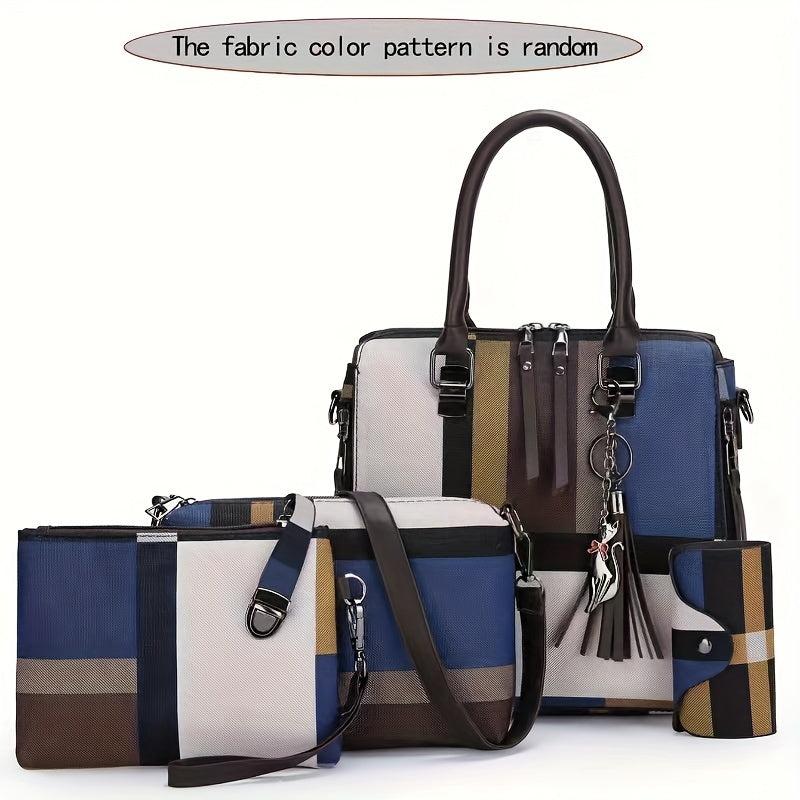 PU Handbag Grid Contrast Bag 4 Pcs Casual Shoulder Messenger Bag