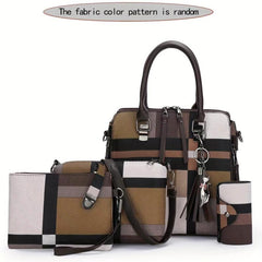 PU Handbag Grid Contrast Bag 4 Pcs Casual Shoulder Messenger Bag